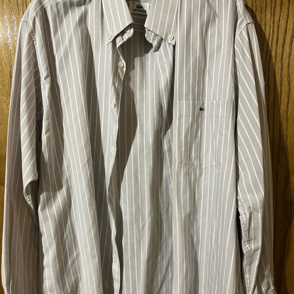 Lacoste Men's Light Gray Striped Button Down Shirt